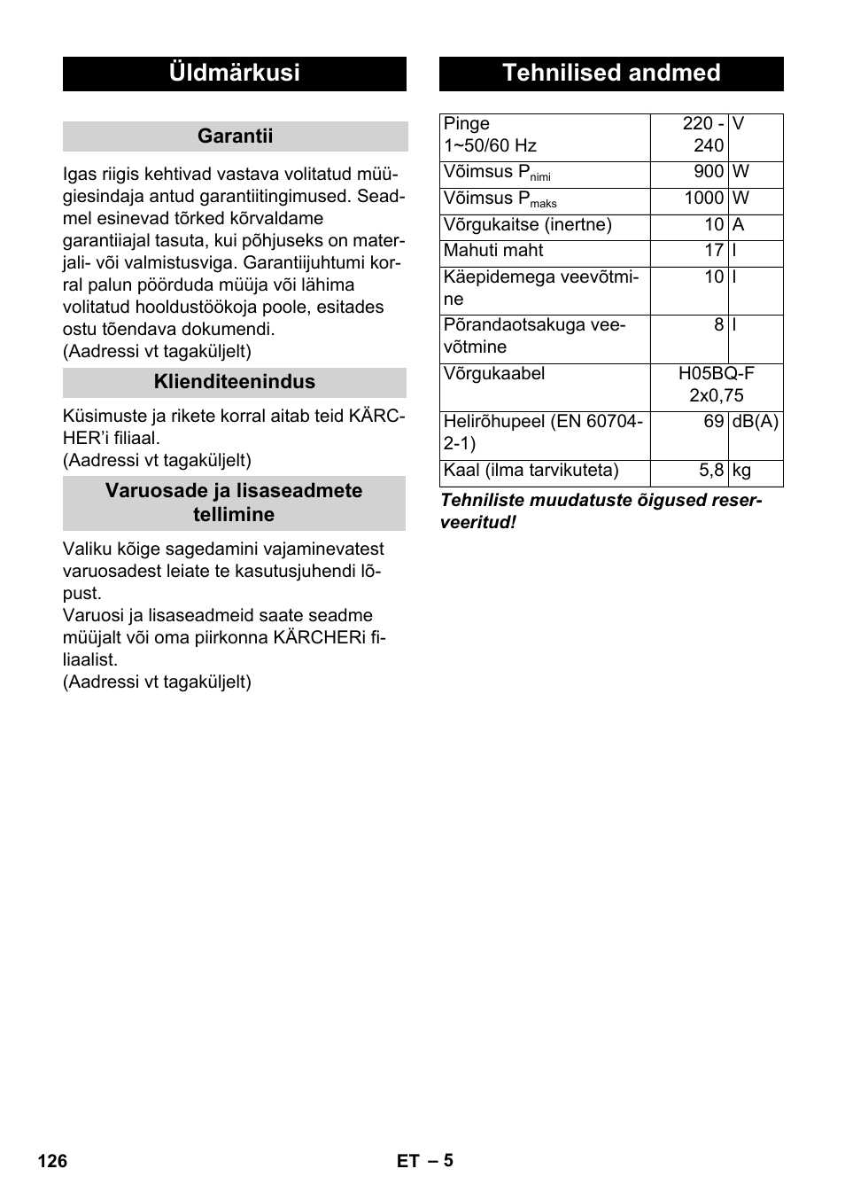 Üldmärkusi, Tehnilised andmed | Karcher WD 3-800 M eco!ogic User Manual | Page 126 / 150