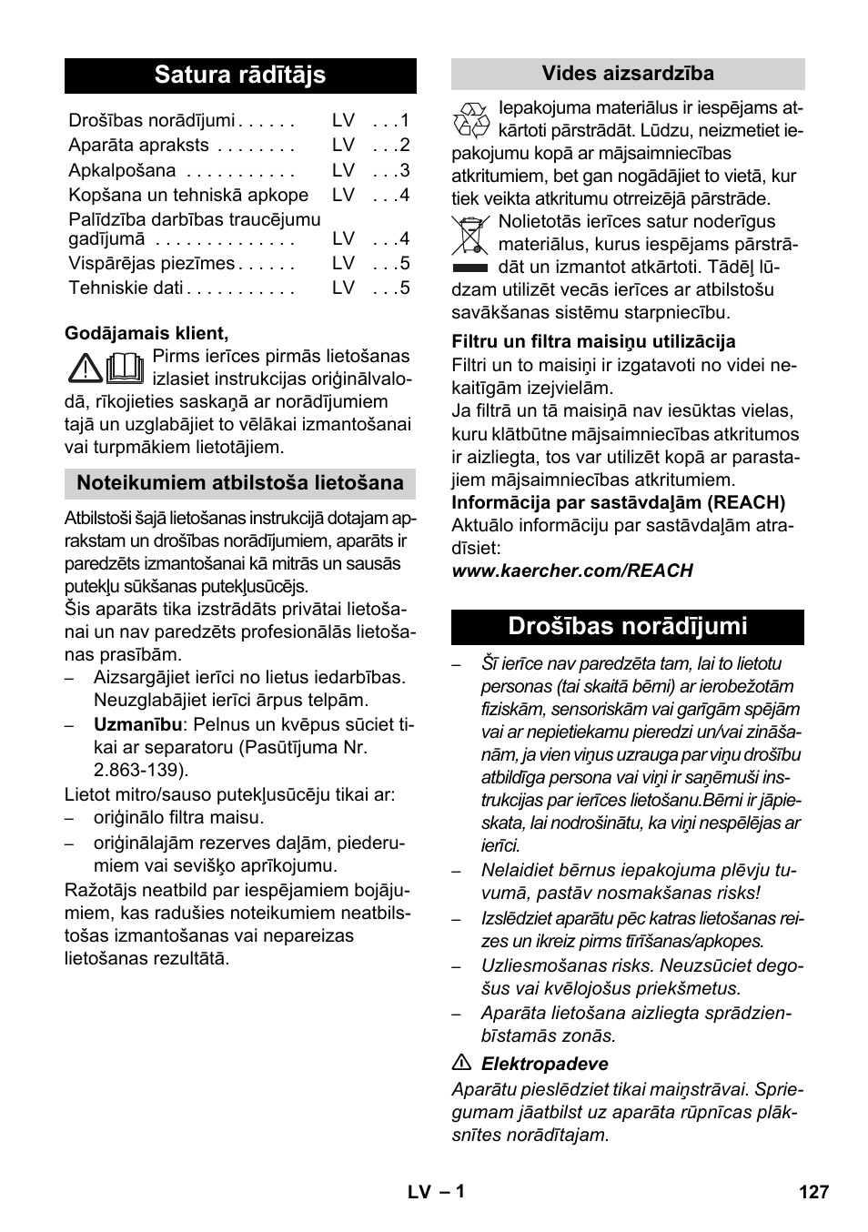 Latviešu, Satura rādītājs, Drošības norādījumi | Karcher WD 3-800 M eco!ogic User Manual | Page 127 / 150