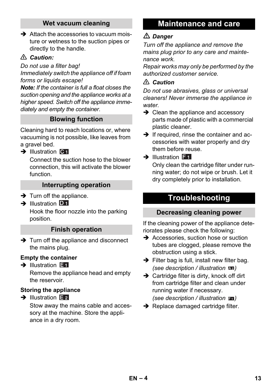 Maintenance and care troubleshooting | Karcher WD 3-800 M eco!ogic User Manual | Page 13 / 150