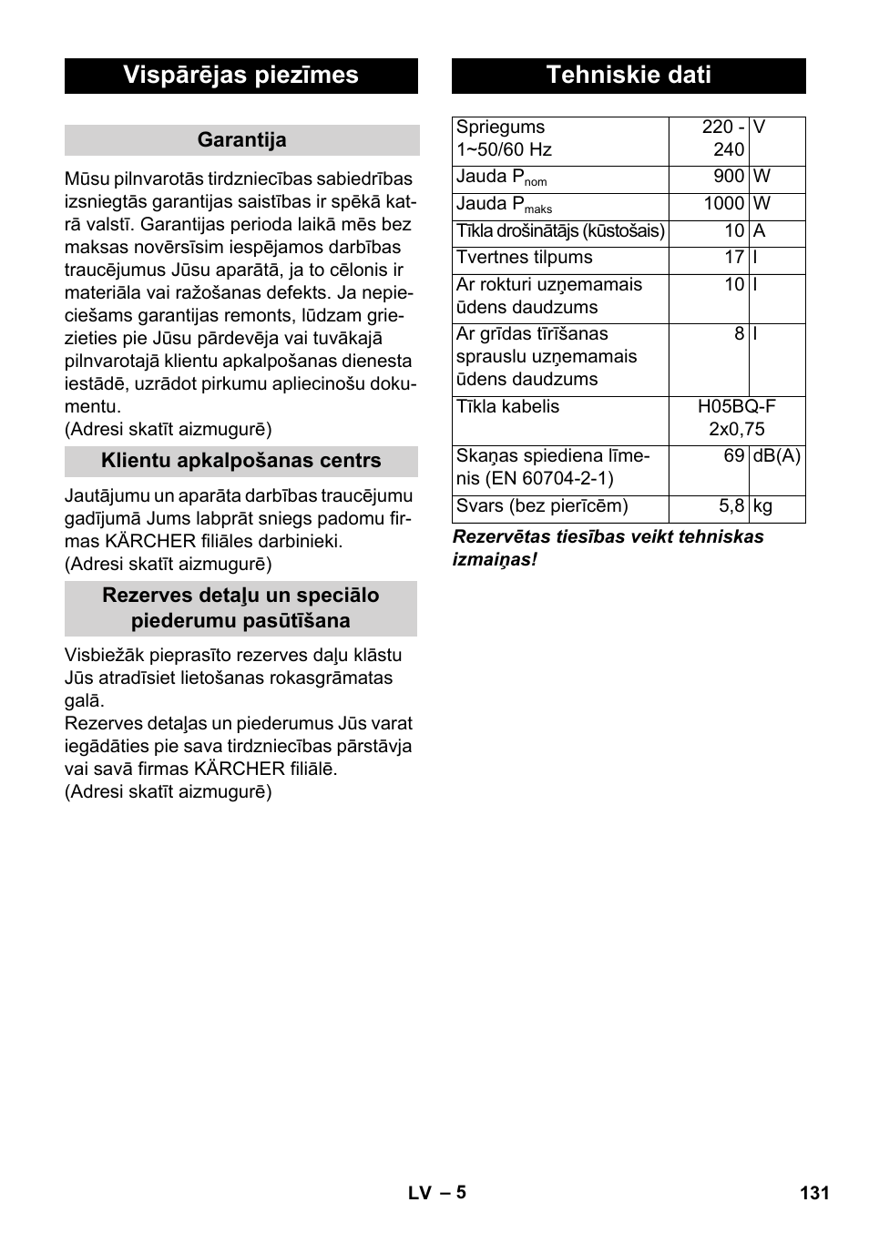 Vispārējas piezīmes, Tehniskie dati | Karcher WD 3-800 M eco!ogic User Manual | Page 131 / 150