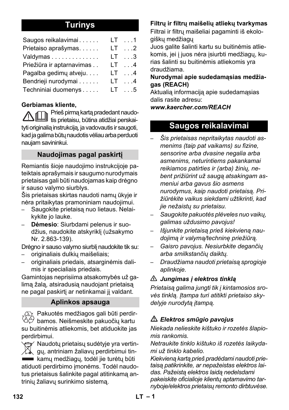 Lietuviškai, Turinys, Saugos reikalavimai | Karcher WD 3-800 M eco!ogic User Manual | Page 132 / 150