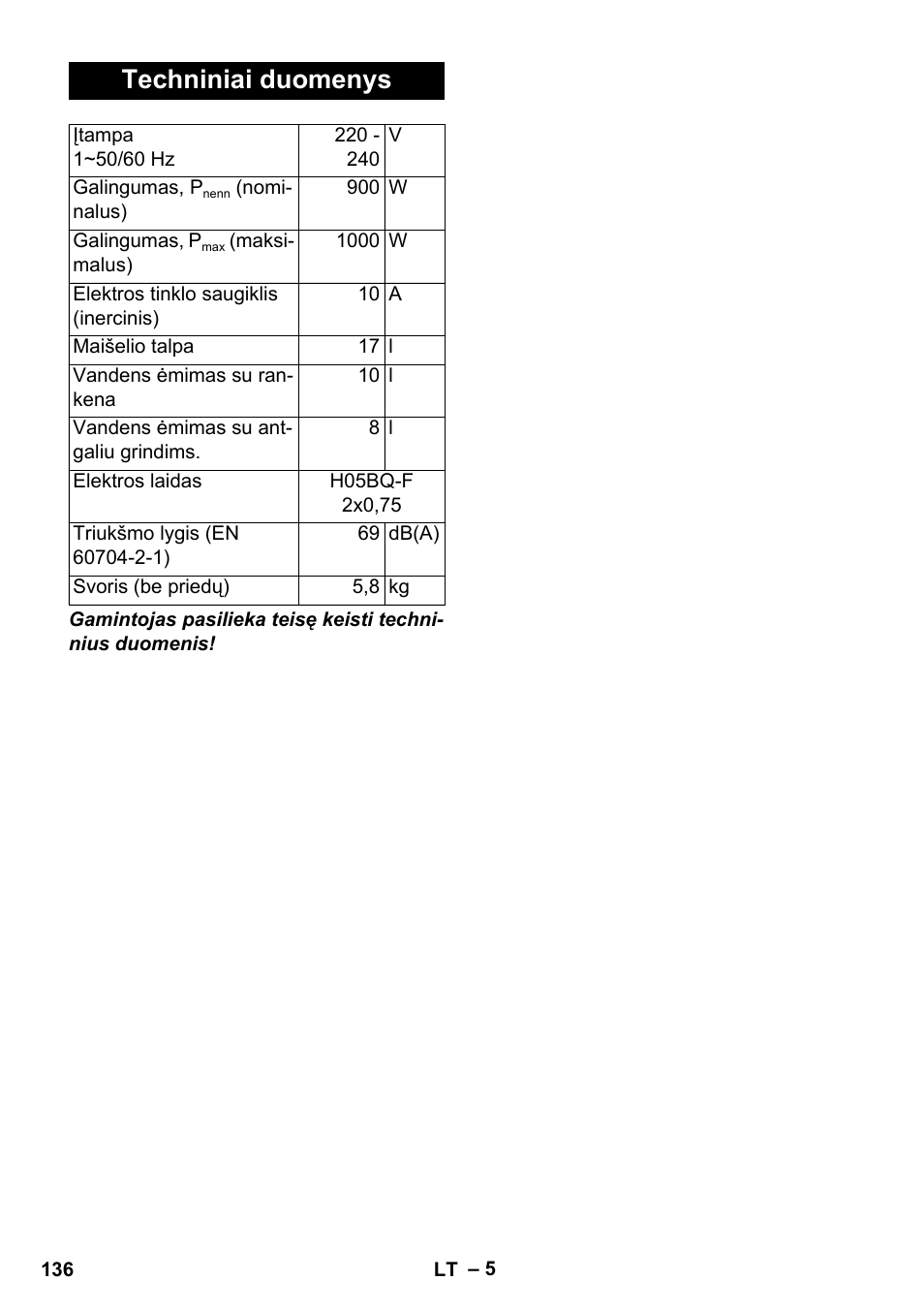 Techniniai duomenys | Karcher WD 3-800 M eco!ogic User Manual | Page 136 / 150