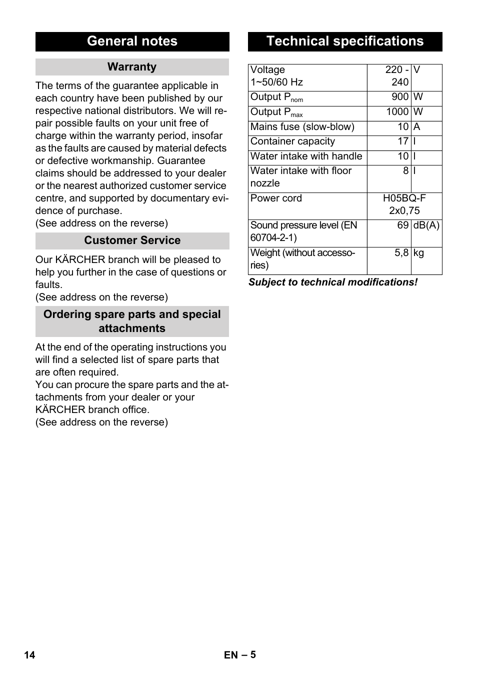 Technical specifications | Karcher WD 3-800 M eco!ogic User Manual | Page 14 / 150