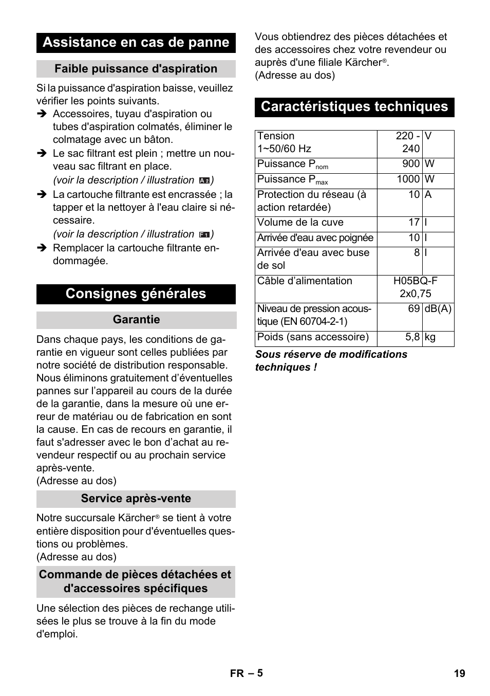 Assistance en cas de panne, Consignes générales, Caractéristiques techniques | Karcher WD 3-800 M eco!ogic User Manual | Page 19 / 150