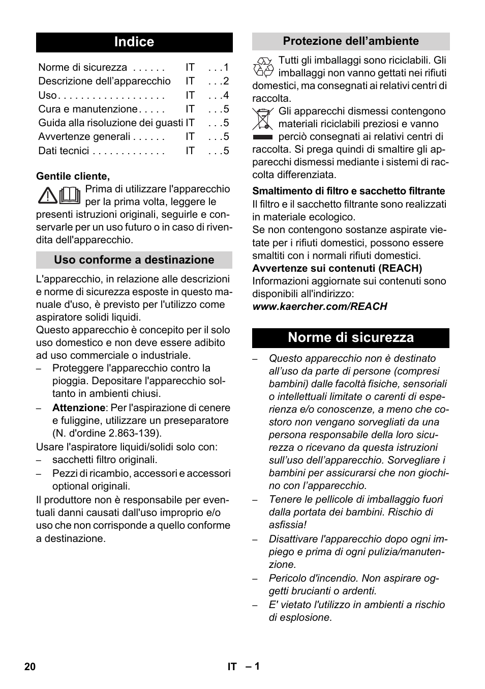 Italiano, Indice, Norme di sicurezza | Karcher WD 3-800 M eco!ogic User Manual | Page 20 / 150