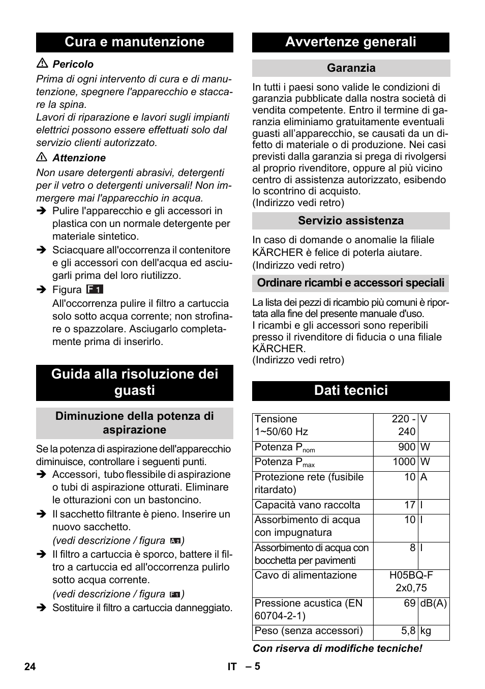 Avvertenze generali, Dati tecnici | Karcher WD 3-800 M eco!ogic User Manual | Page 24 / 150