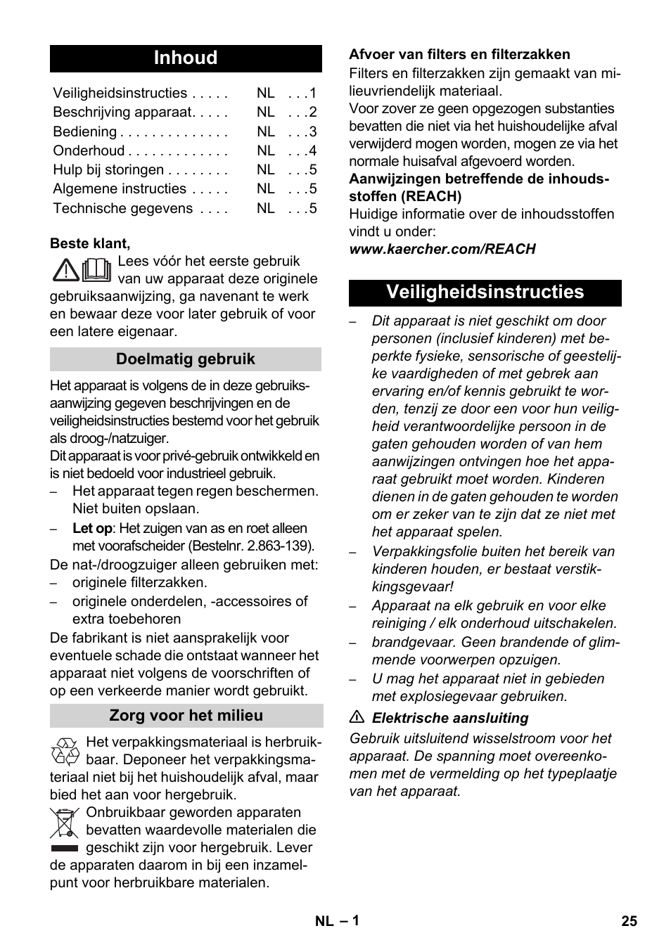 Nederlands, Inhoud, Veiligheidsinstructies | Karcher WD 3-800 M eco!ogic User Manual | Page 25 / 150