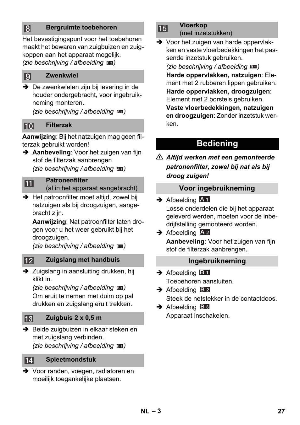 Bediening | Karcher WD 3-800 M eco!ogic User Manual | Page 27 / 150