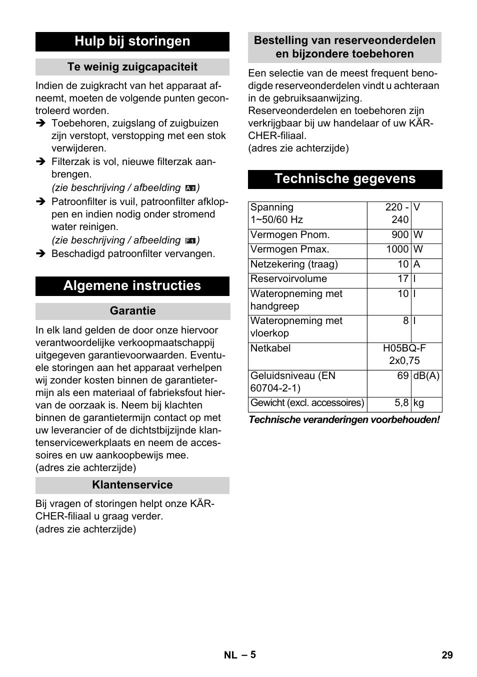 Hulp bij storingen, Algemene instructies, Technische gegevens | Karcher WD 3-800 M eco!ogic User Manual | Page 29 / 150