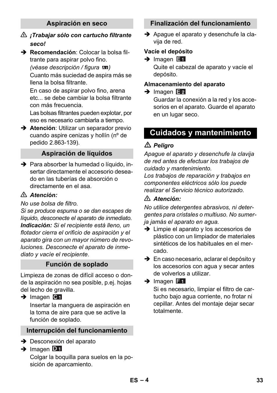 Cuidados y mantenimiento | Karcher WD 3-800 M eco!ogic User Manual | Page 33 / 150