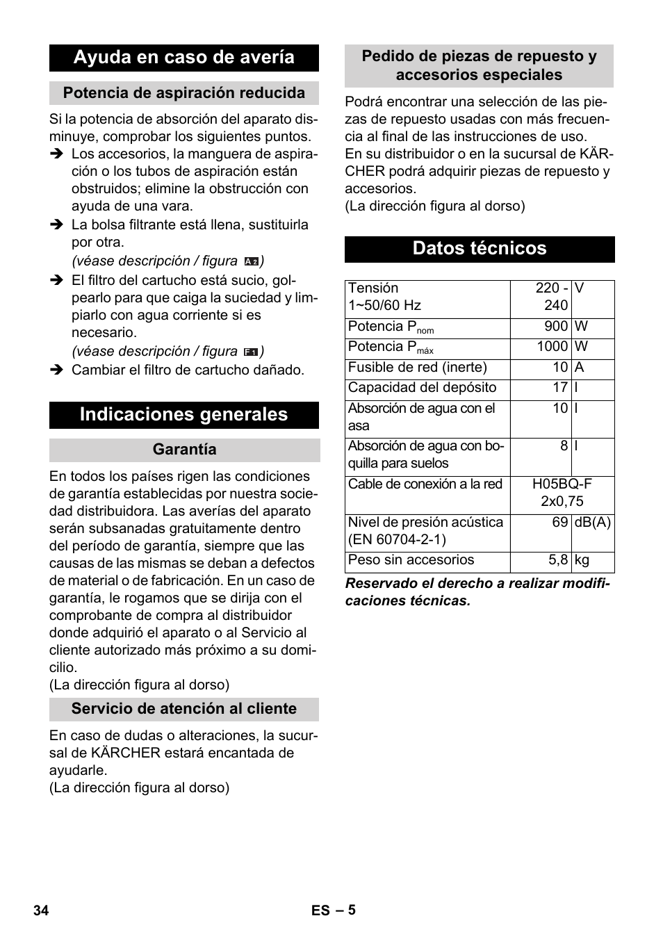 Ayuda en caso de avería, Indicaciones generales, Datos técnicos | Karcher WD 3-800 M eco!ogic User Manual | Page 34 / 150