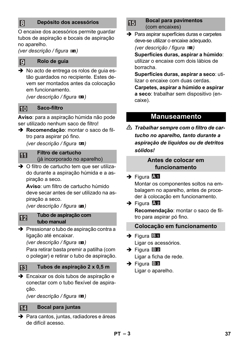 Manuseamento | Karcher WD 3-800 M eco!ogic User Manual | Page 37 / 150