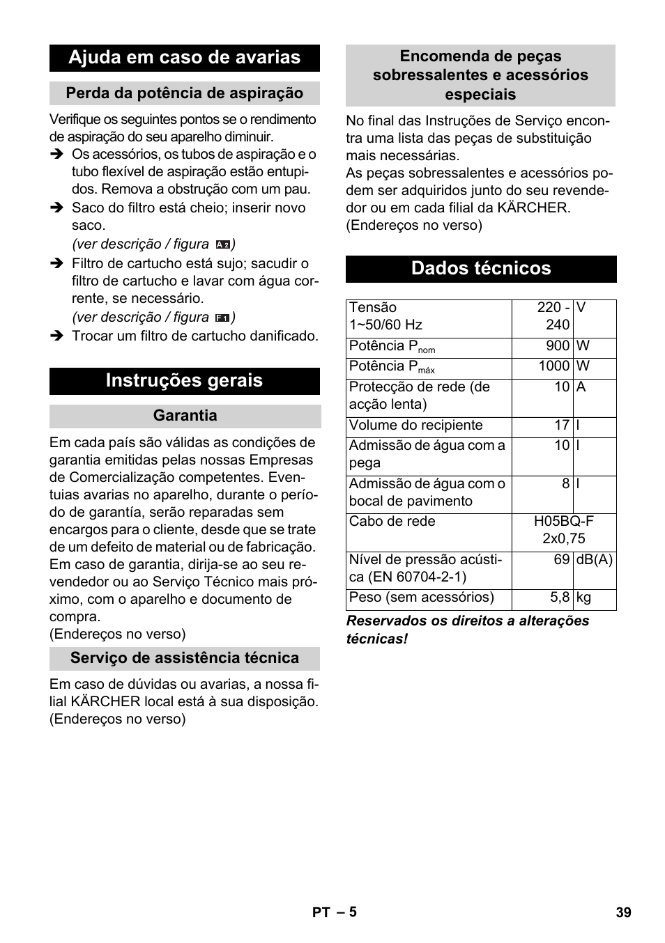 Ajuda em caso de avarias, Instruções gerais, Dados técnicos | Karcher WD 3-800 M eco!ogic User Manual | Page 39 / 150