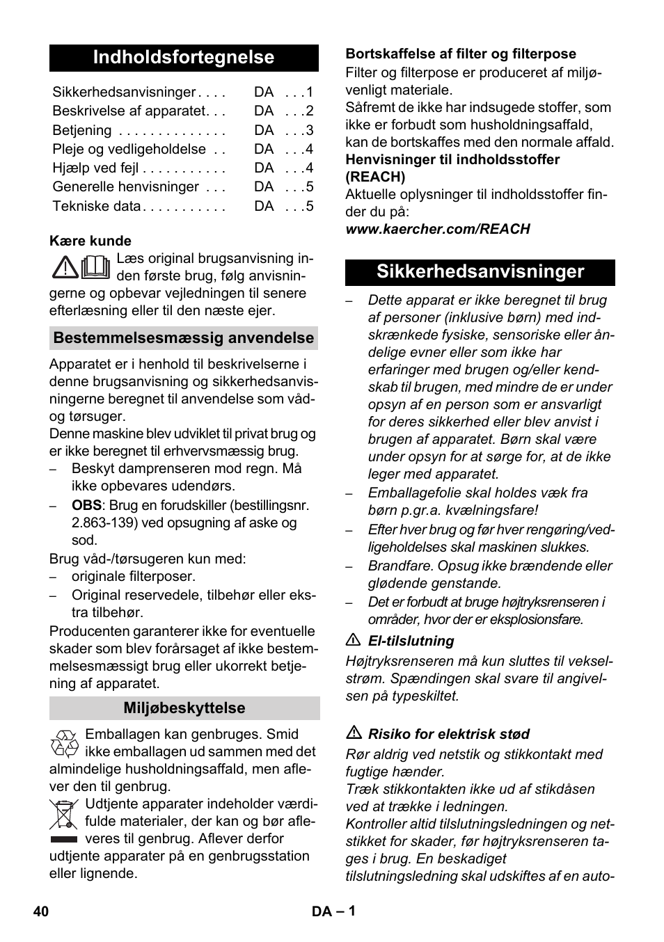 Dansk, Indholdsfortegnelse, Sikkerhedsanvisninger | Karcher WD 3-800 M eco!ogic User Manual | Page 40 / 150