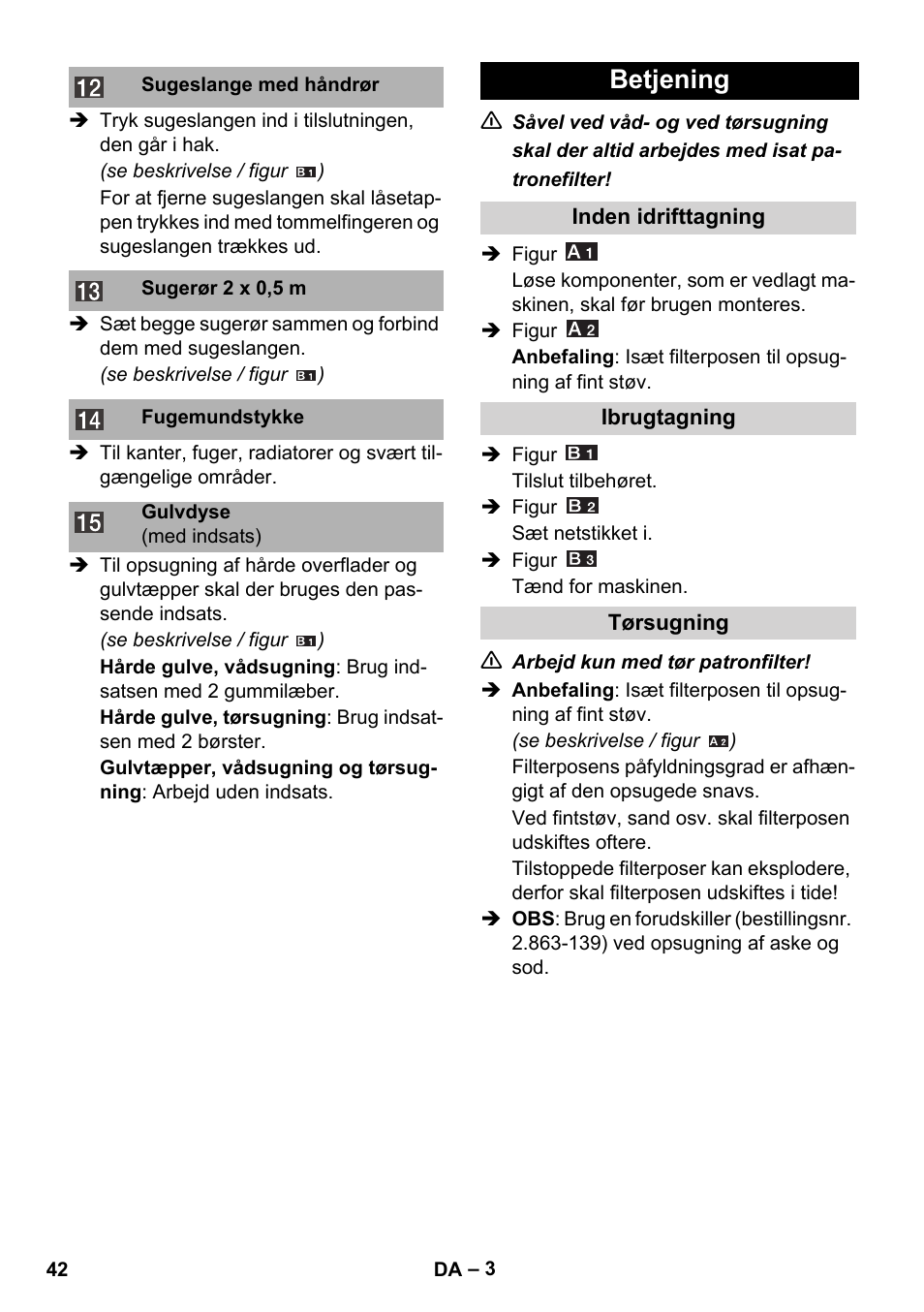 Betjening | Karcher WD 3-800 M eco!ogic User Manual | Page 42 / 150