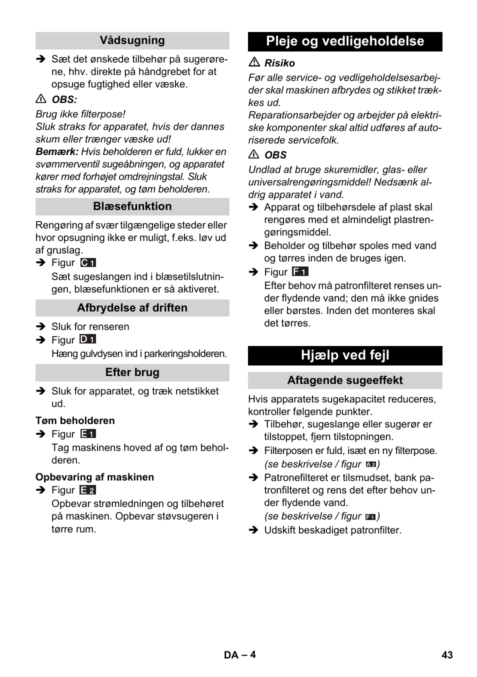 Pleje og vedligeholdelse hjælp ved fejl | Karcher WD 3-800 M eco!ogic User Manual | Page 43 / 150