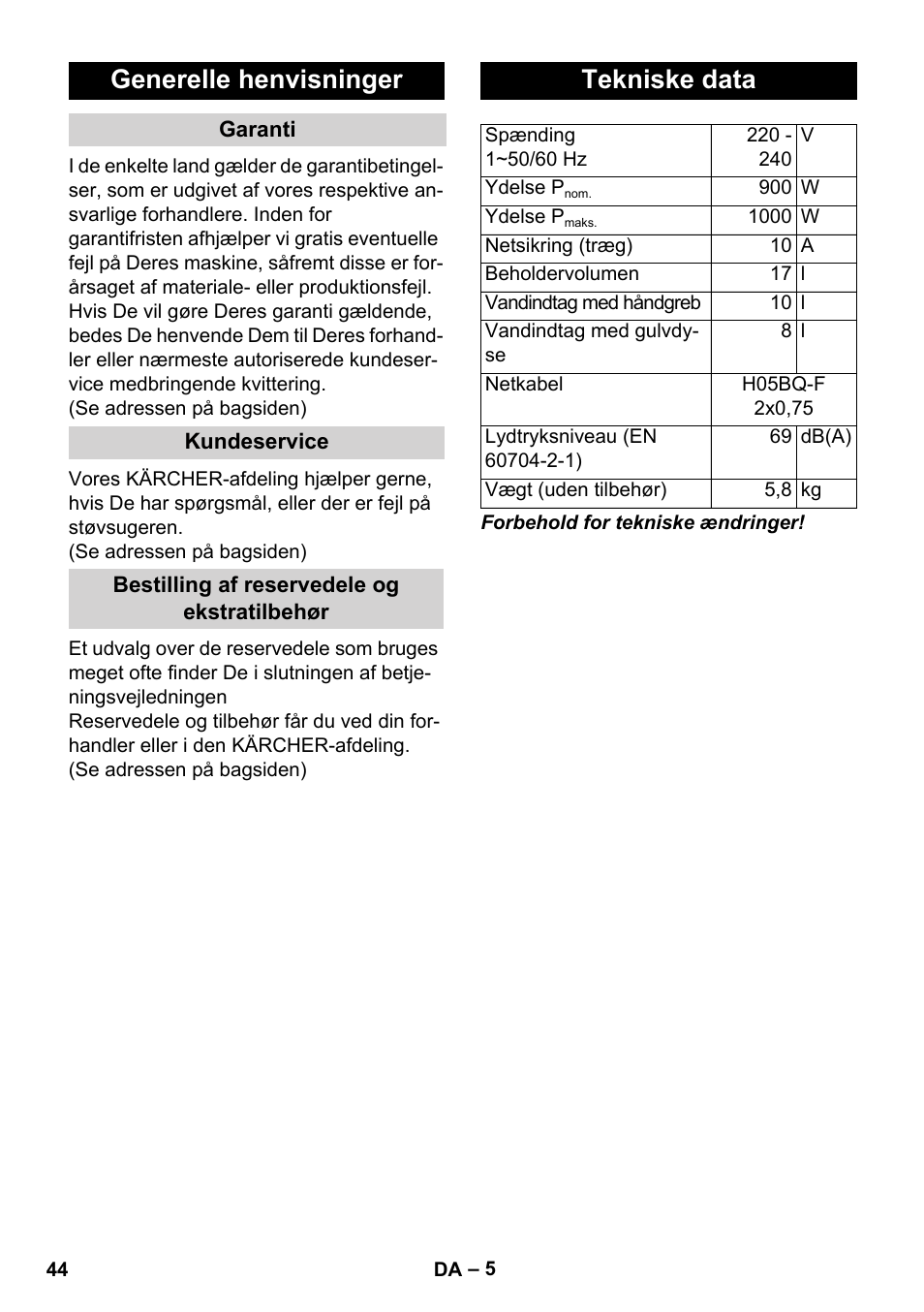 Generelle henvisninger, Tekniske data | Karcher WD 3-800 M eco!ogic User Manual | Page 44 / 150