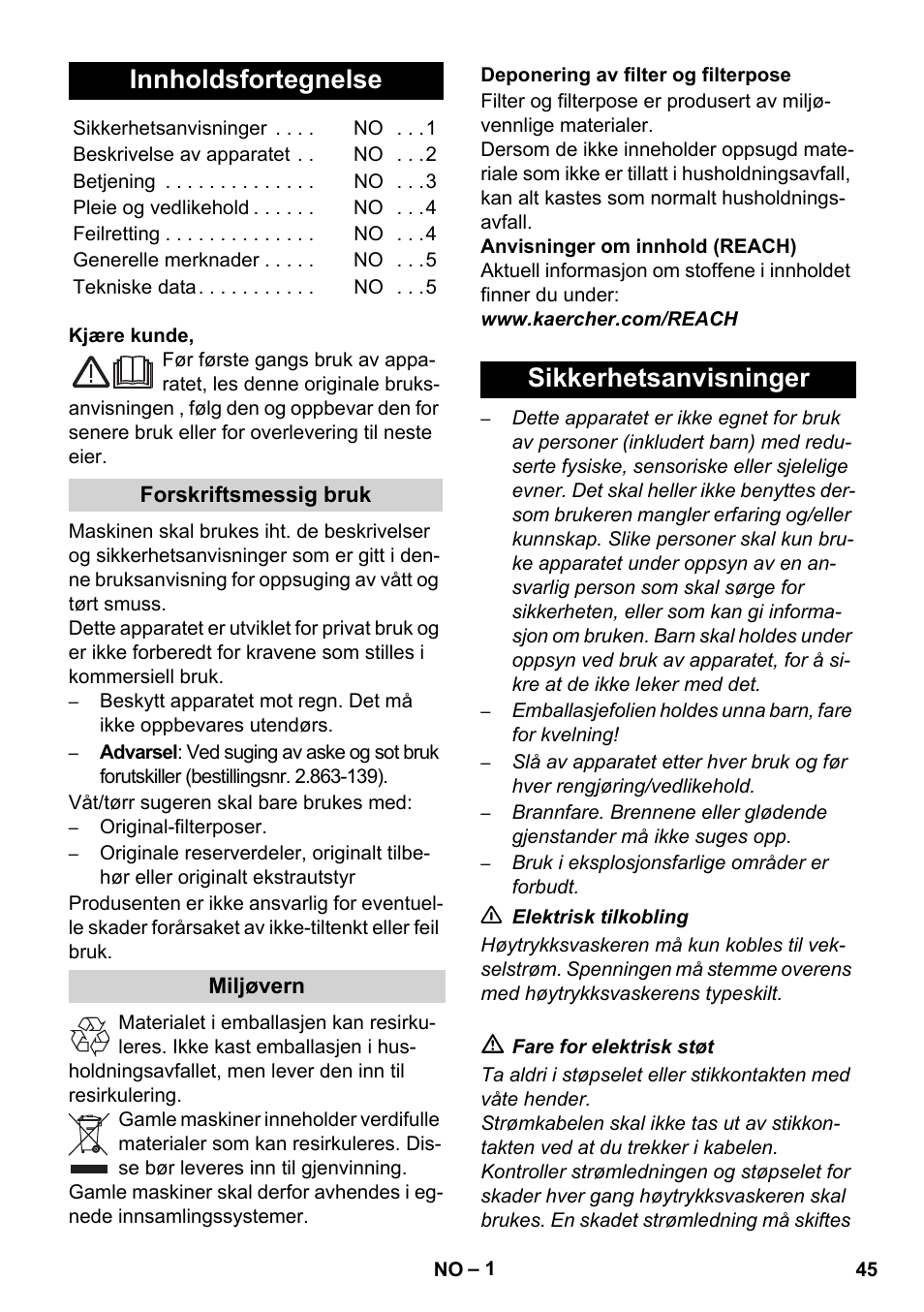 Norsk, Innholdsfortegnelse, Sikkerhetsanvisninger | Karcher WD 3-800 M eco!ogic User Manual | Page 45 / 150