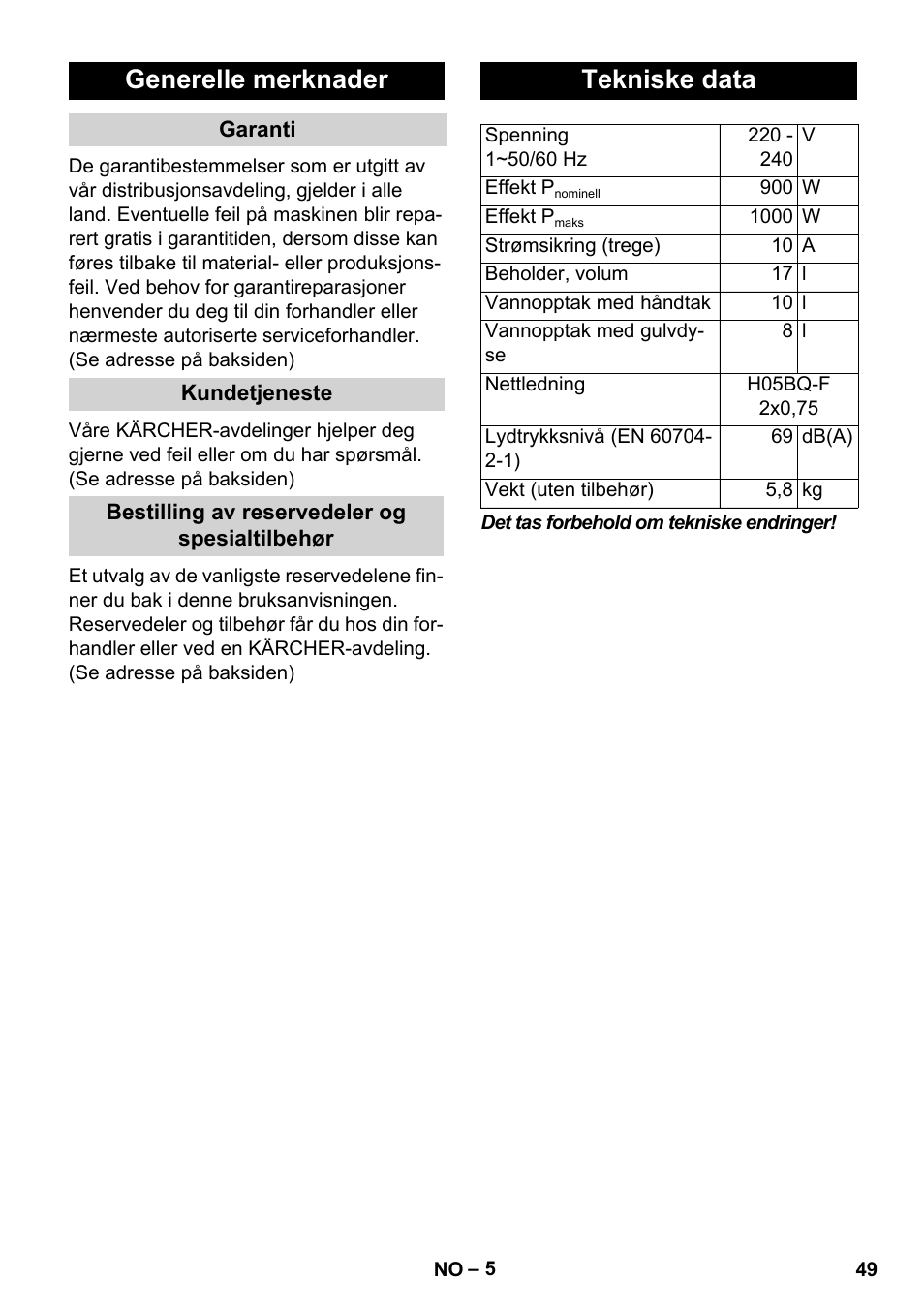 Generelle merknader, Tekniske data | Karcher WD 3-800 M eco!ogic User Manual | Page 49 / 150
