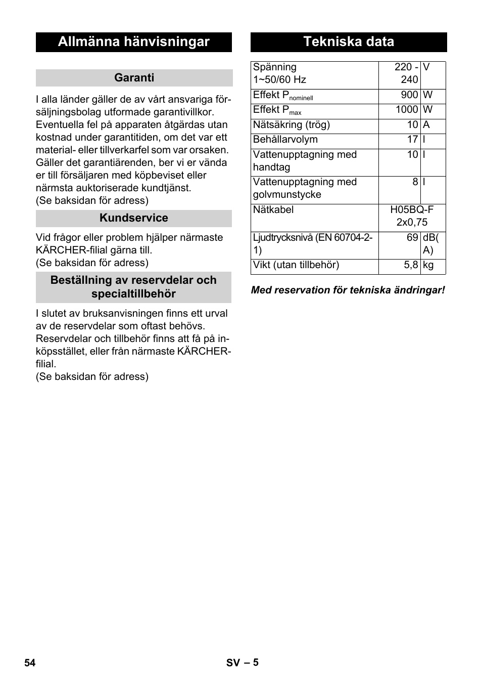Allmänna hänvisningar, Tekniska data | Karcher WD 3-800 M eco!ogic User Manual | Page 54 / 150