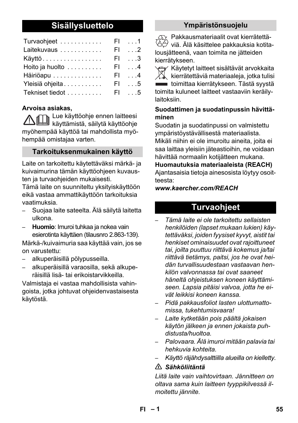 Suomi, Sisällysluettelo, Turvaohjeet | Karcher WD 3-800 M eco!ogic User Manual | Page 55 / 150