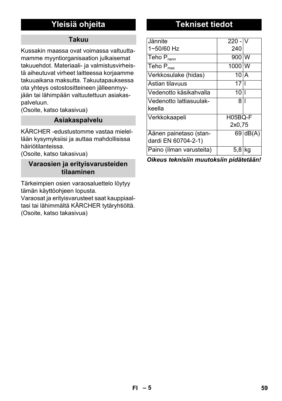 Yleisiä ohjeita, Tekniset tiedot | Karcher WD 3-800 M eco!ogic User Manual | Page 59 / 150