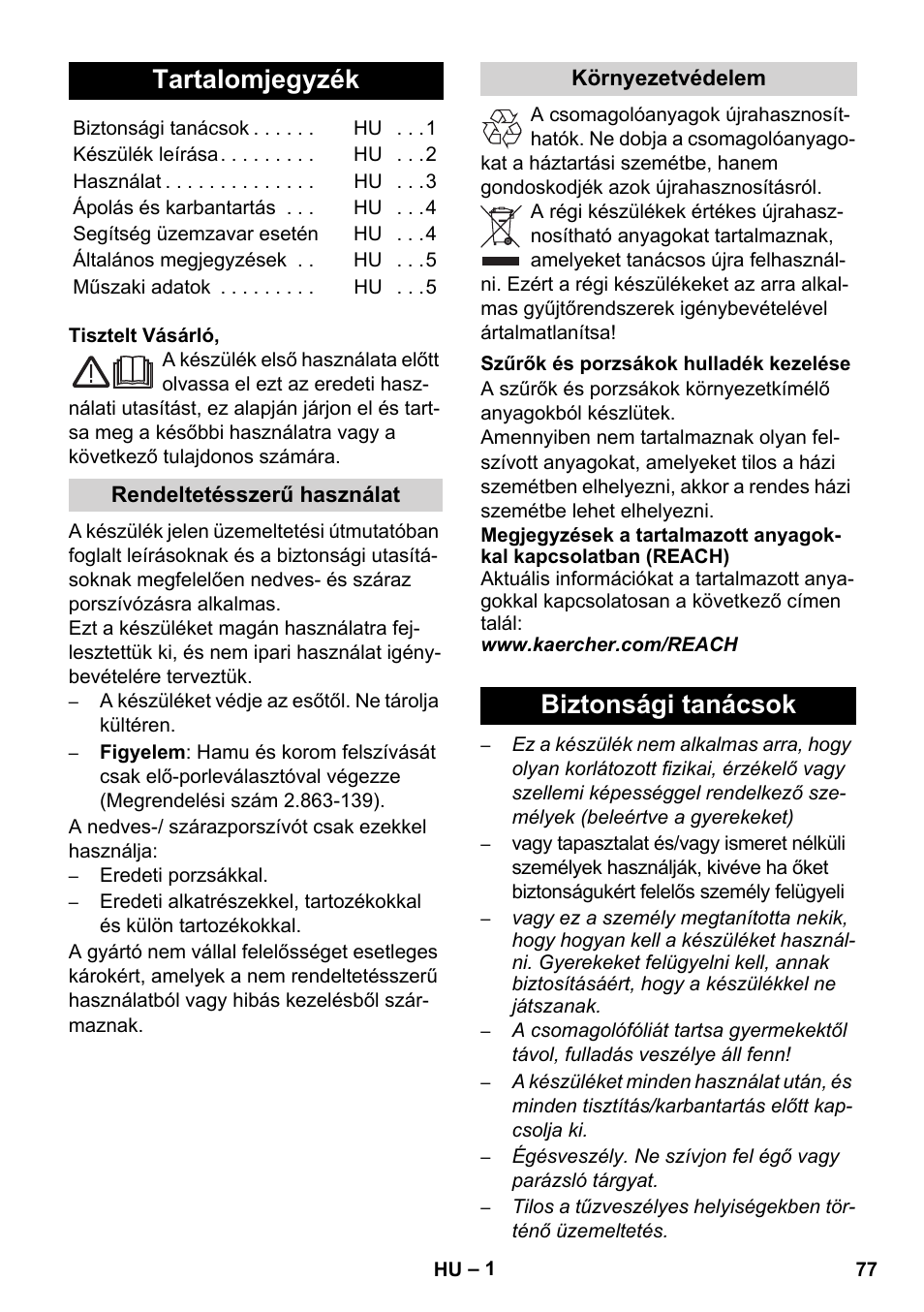 Magyar, Tartalomjegyzék, Biztonsági tanácsok | Karcher WD 3-800 M eco!ogic User Manual | Page 77 / 150