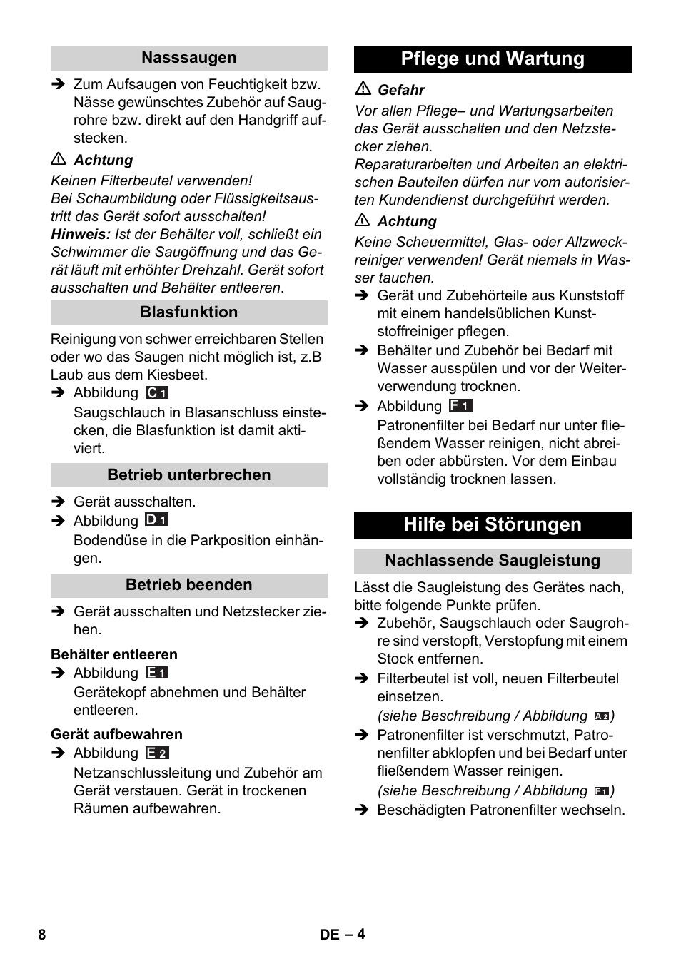 Pflege und wartung hilfe bei störungen | Karcher WD 3-800 M eco!ogic User Manual | Page 8 / 150