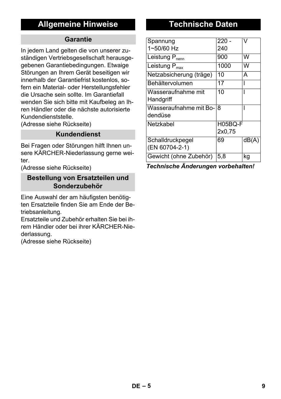 Allgemeine hinweise, Technische daten | Karcher WD 3-800 M eco!ogic User Manual | Page 9 / 150