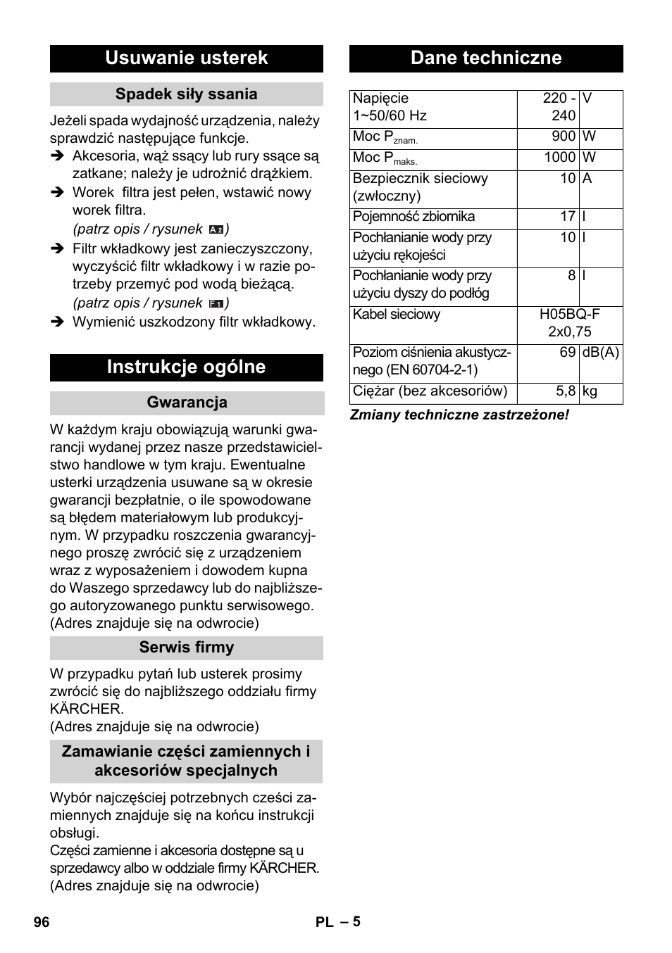 Usuwanie usterek, Instrukcje ogólne, Dane techniczne | Karcher WD 3-800 M eco!ogic User Manual | Page 96 / 150