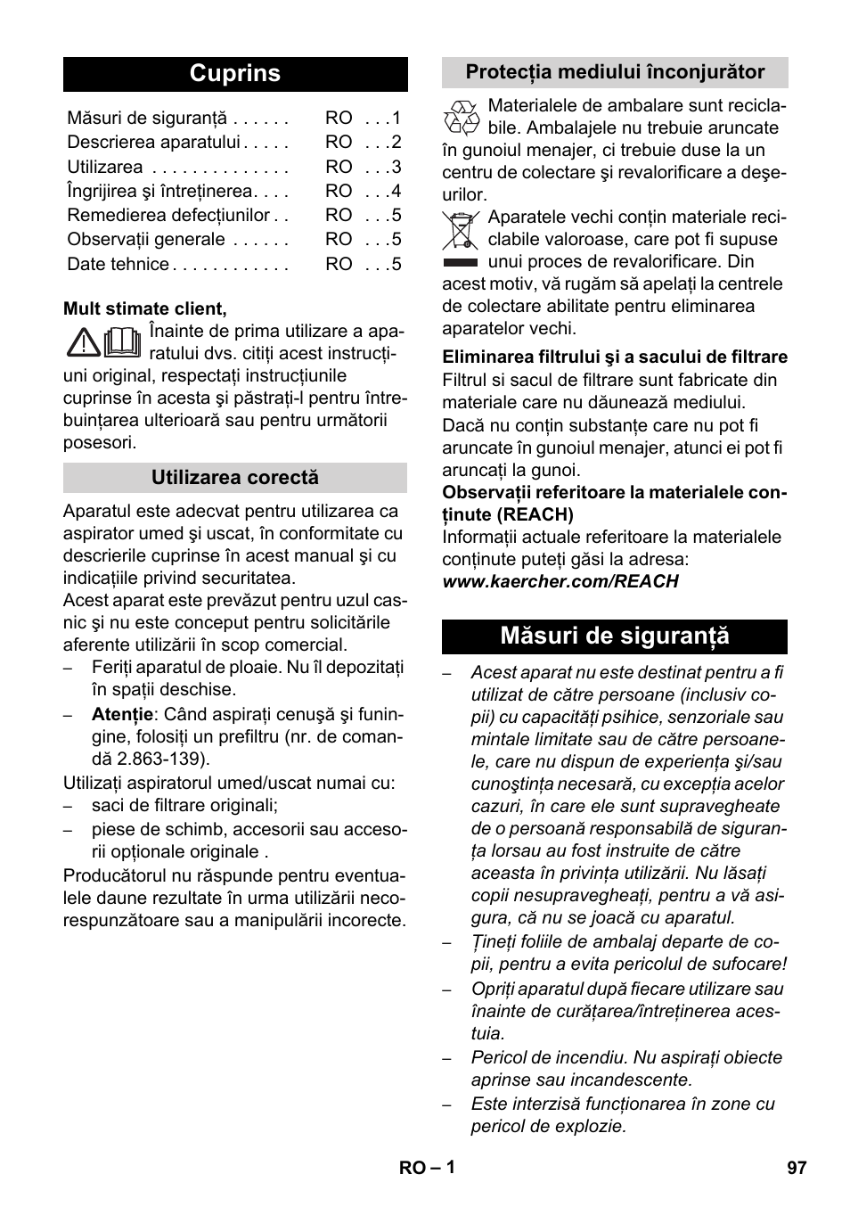 Româneşte, Cuprins, Măsuri de siguranţă | Karcher WD 3-800 M eco!ogic User Manual | Page 97 / 150