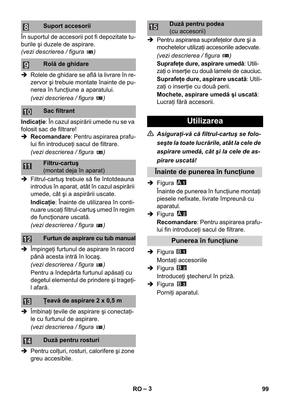 Utilizarea | Karcher WD 3-800 M eco!ogic User Manual | Page 99 / 150