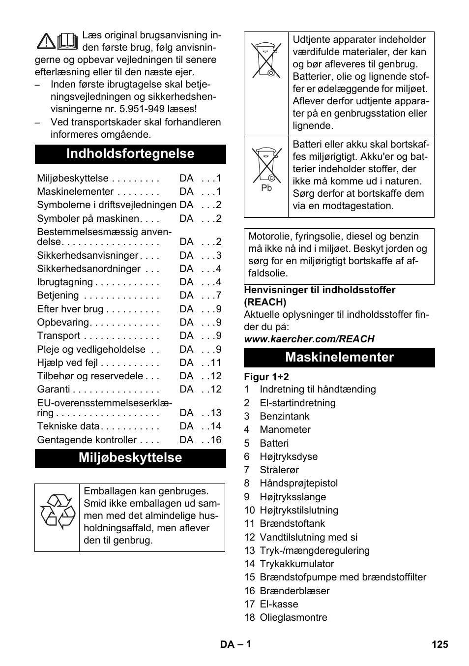 Dansk, Indholdsfortegnelse, Miljøbeskyttelse | Maskinelementer | Karcher HDS 1000 De User Manual | Page 125 / 474