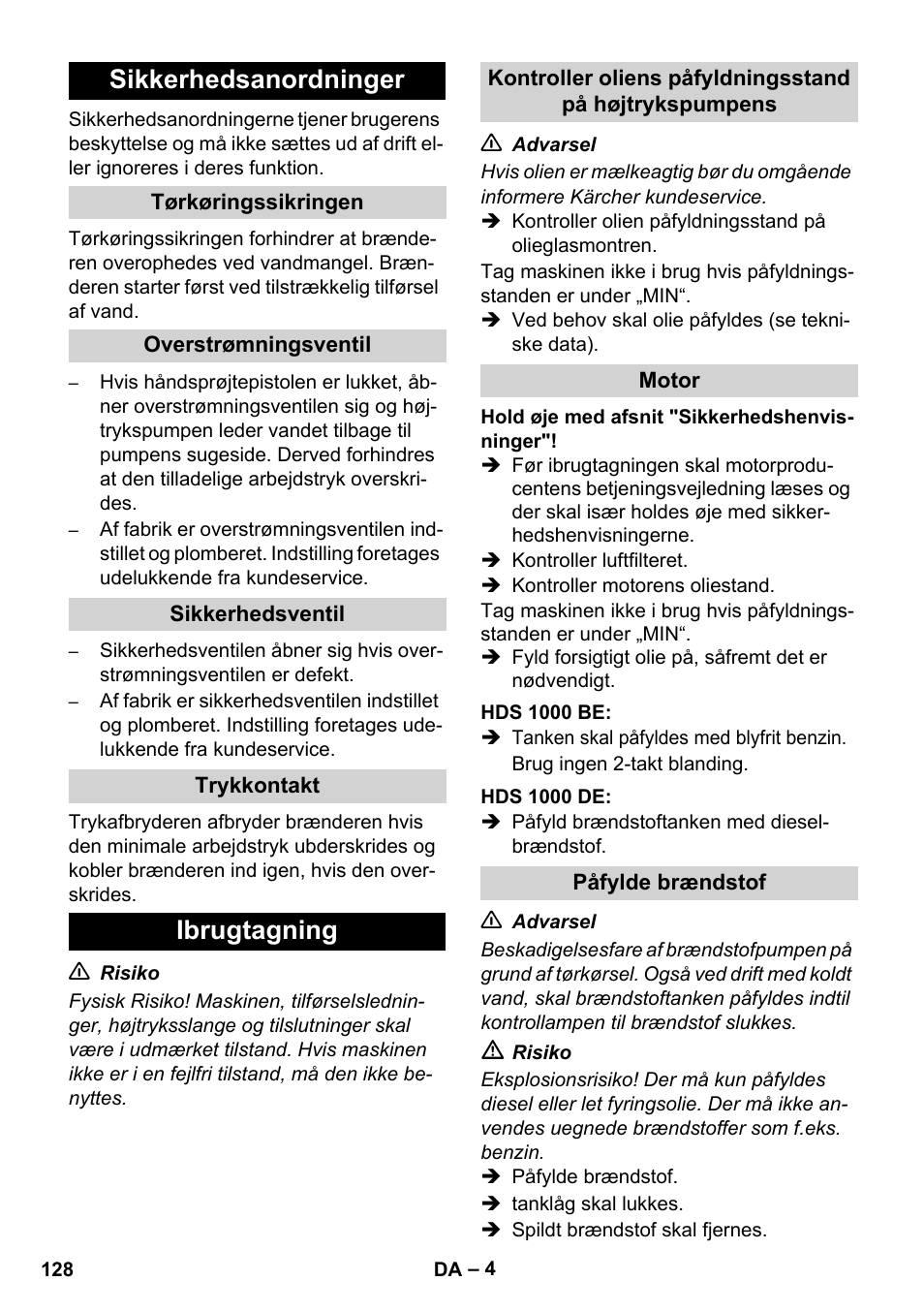 Sikkerhedsanordninger, Ibrugtagning | Karcher HDS 1000 De User Manual | Page 128 / 474