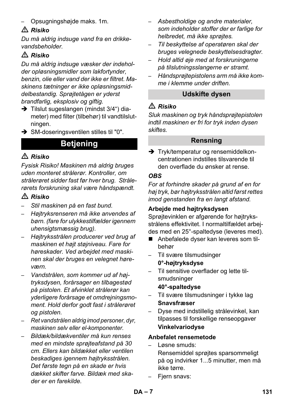 Betjening | Karcher HDS 1000 De User Manual | Page 131 / 474