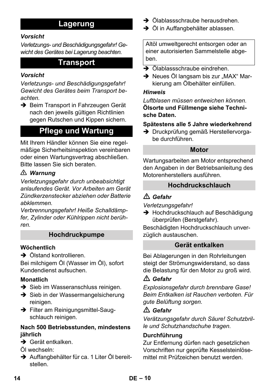 Lagerung transport pflege und wartung | Karcher HDS 1000 De User Manual | Page 14 / 474