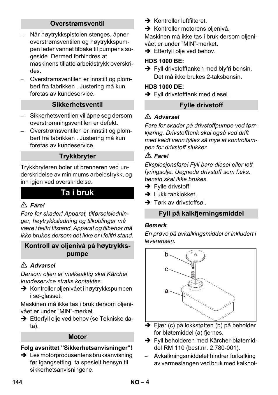 Ta i bruk | Karcher HDS 1000 De User Manual | Page 144 / 474