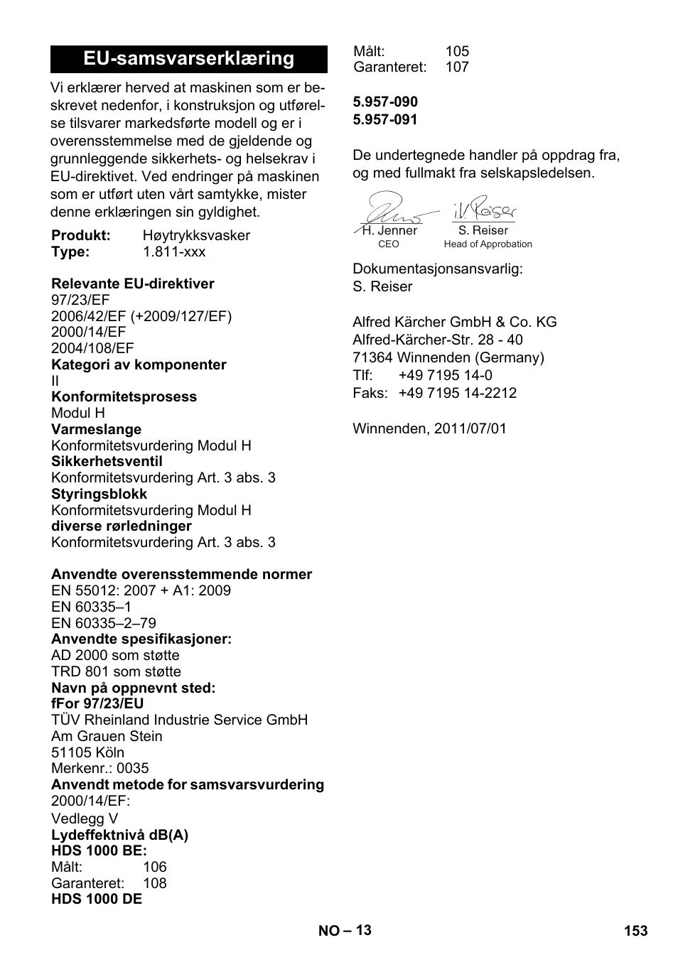 Eu-samsvarserklæring | Karcher HDS 1000 De User Manual | Page 153 / 474