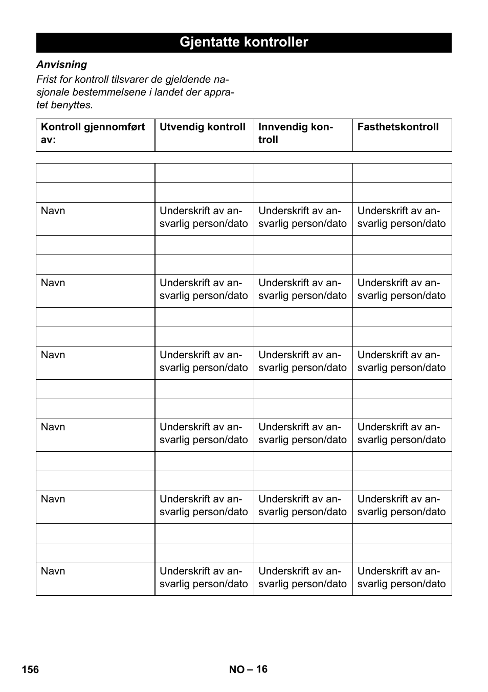 Gjentatte kontroller | Karcher HDS 1000 De User Manual | Page 156 / 474