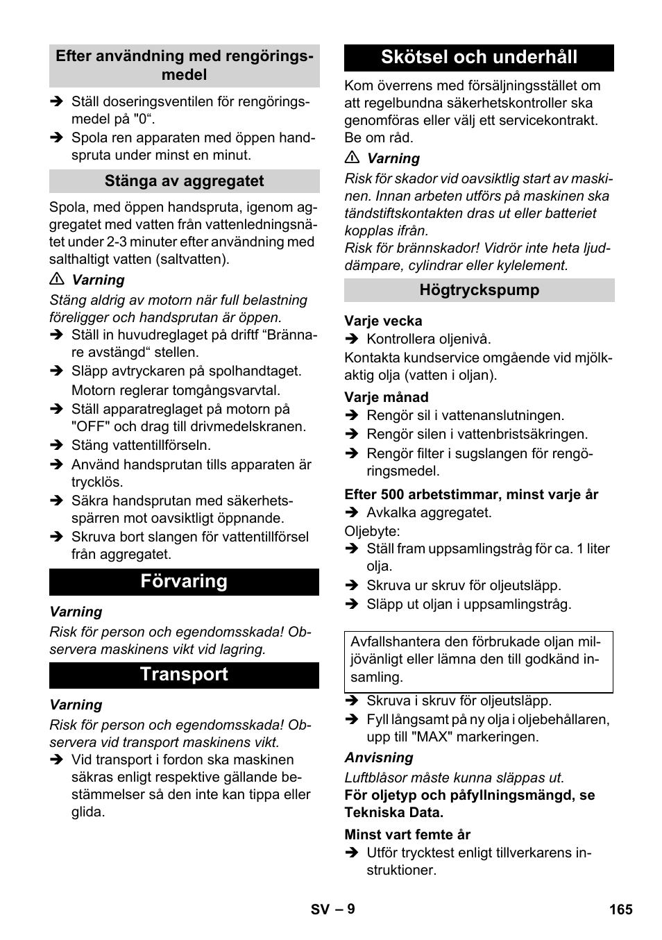 Förvaring transport skötsel och underhåll | Karcher HDS 1000 De User Manual | Page 165 / 474