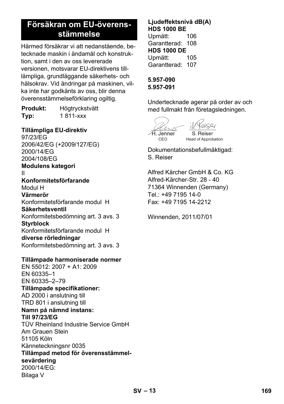 Försäkran om eu-överens- stämmelse | Karcher HDS 1000 De User Manual | Page 169 / 474