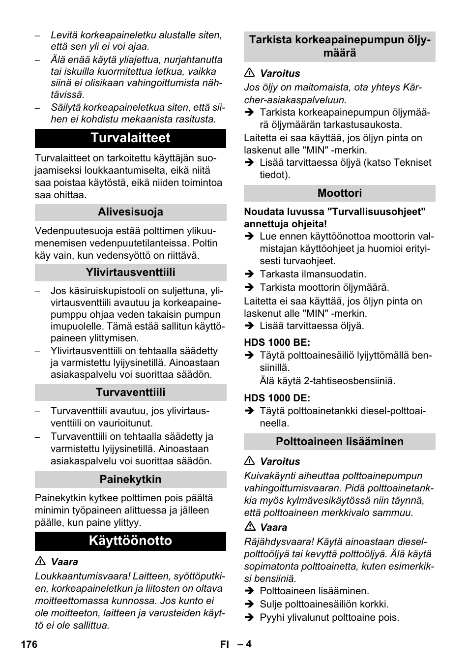 Turvalaitteet, Käyttöönotto | Karcher HDS 1000 De User Manual | Page 176 / 474