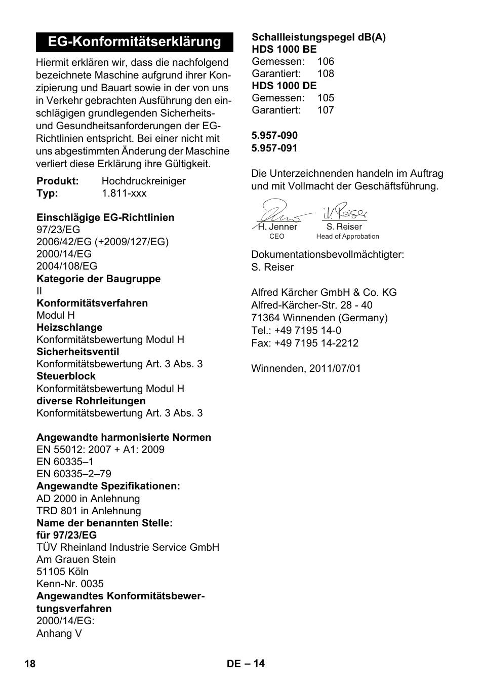 Eg-konformitätserklärung | Karcher HDS 1000 De User Manual | Page 18 / 474