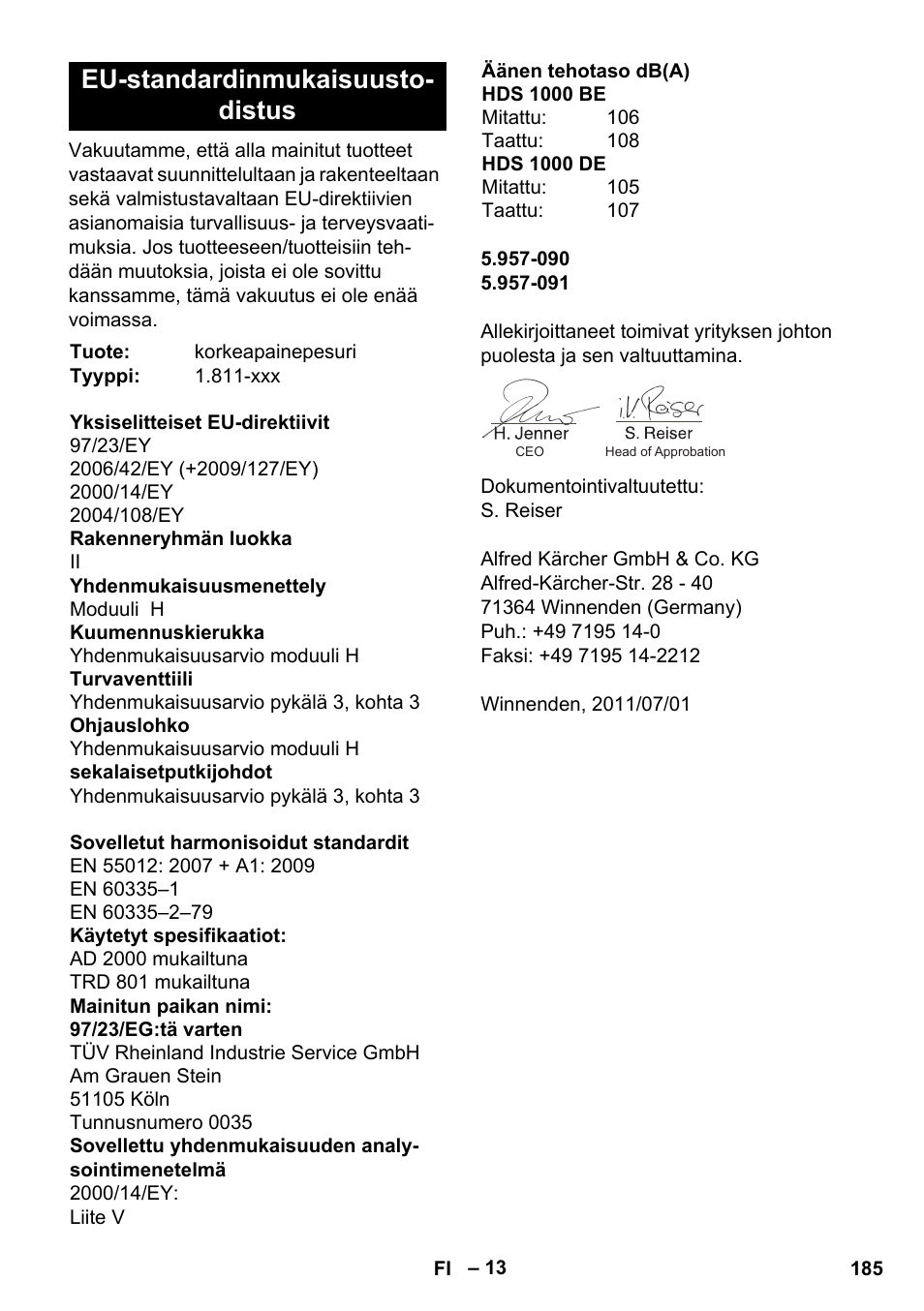 Eu-standardinmukaisuusto- distus | Karcher HDS 1000 De User Manual | Page 185 / 474