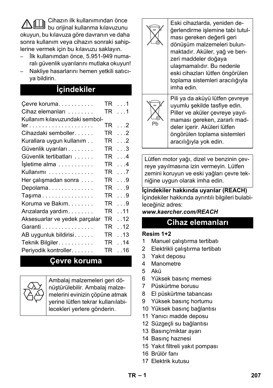 Türkçe, Içindekiler, Çevre koruma | Cihaz elemanları | Karcher HDS 1000 De User Manual | Page 207 / 474