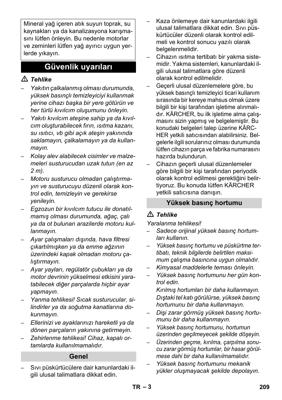 Güvenlik uyarıları | Karcher HDS 1000 De User Manual | Page 209 / 474