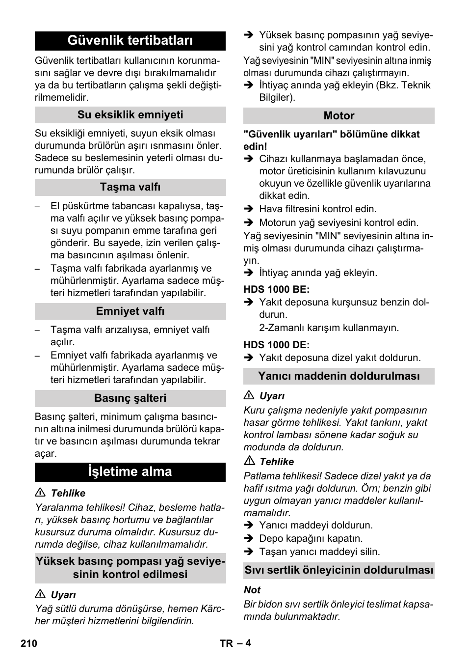 Güvenlik tertibatları, Işletime alma | Karcher HDS 1000 De User Manual | Page 210 / 474