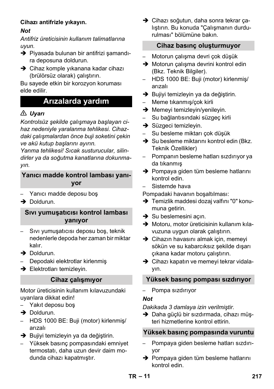 Arızalarda yardım | Karcher HDS 1000 De User Manual | Page 217 / 474