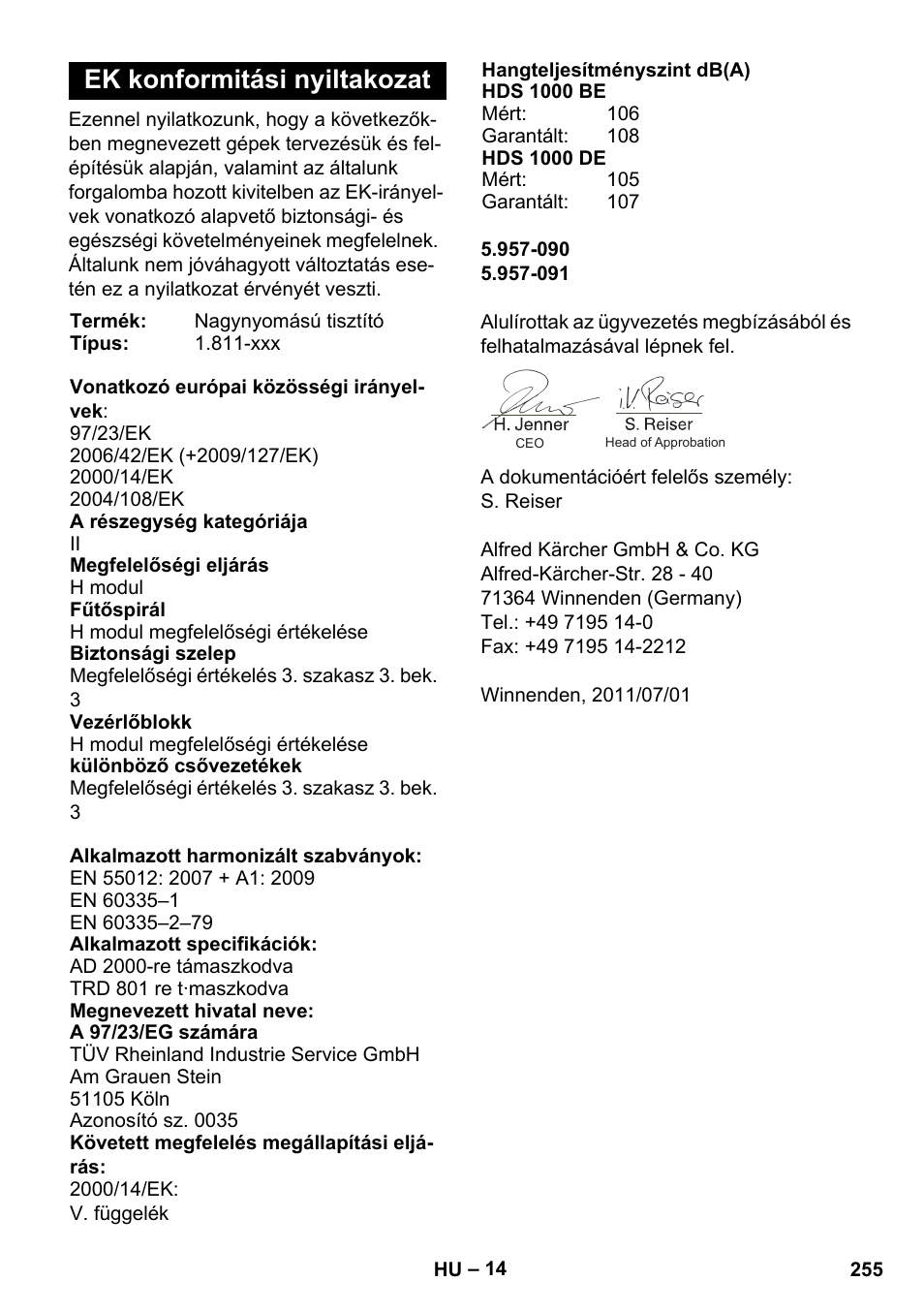 Ek konformitási nyiltakozat | Karcher HDS 1000 De User Manual | Page 255 / 474