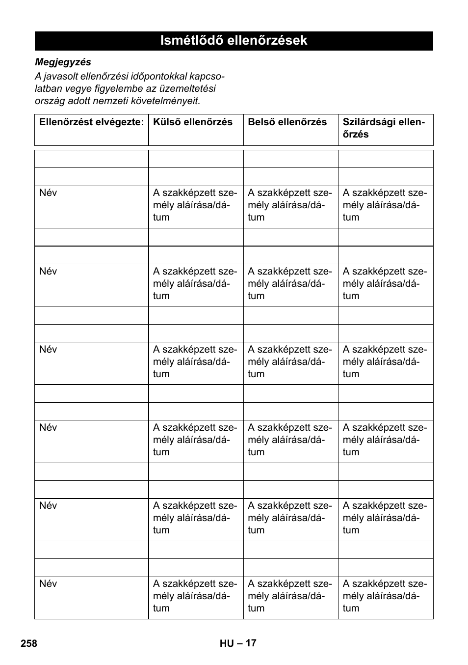 Ismétlődő ellenőrzések | Karcher HDS 1000 De User Manual | Page 258 / 474